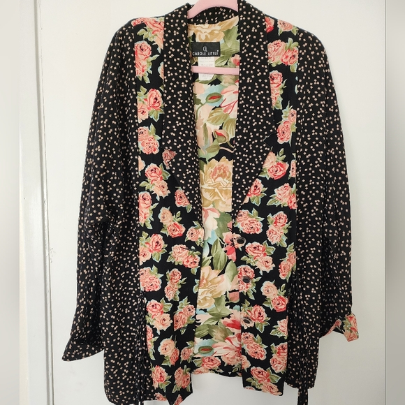 Vintage 90s Carole Little Oversized Pink Floral Blazer Oversized Crystal Beads - Picture 2 of 12